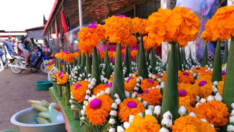 Marigold, The Cape Marigold decorate on the Banana Leaf sale at Morning Market, Laos, 4k Footage Video Clip