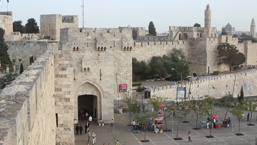 View of gate into old city of Jerusalem from on top of walls