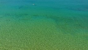 Aerial bird's eye view video taken by drone of beautiful tropical beach of Mylopotas, Ios island, Cyclades, Greece