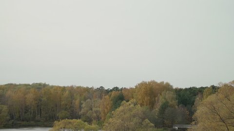 Aerial View autumn landscape on coast of rivers or lake in city park. Yellow birch and willow among the green firs. People with families walking in the autumn Park. Bridge over river. Multi-coloured