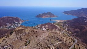 Aerial bird's eye view video taken by drone of incredible view from chora of Patmos island, Dodecanese, Greece