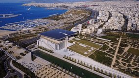 Aerial birds eye view video taken by drone of public settlement of Stavros Niarchos foundation and cultural center, Phaleron, Attica, Greece