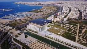 Aerial birds eye view video taken by drone of public settlement of Stavros Niarchos foundation and cultural center, Phaleron, Attica, Greece