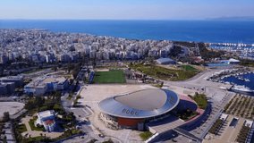 Aerial birds eye view video taken by drone of Phaleron area near public settlement of Stavros Niarchos foundation and cultural center, Phaleron, Attica, Greece