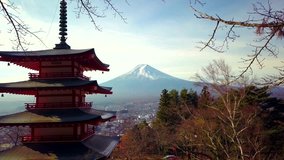 4K video of Mt. Fuji, view from behind Chureito Pagoda, Japan.