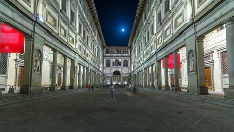 Uffizi Gallery timelapse hyperlapse. It is prominent art museum located adjacent to Piazza della Signoria in central Florence, region of Tuscany, Italy. Night illumination