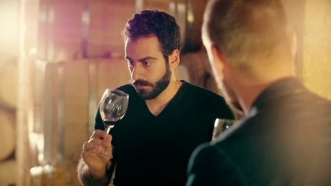 Man winemaker tasting wine with customer before purchase at cellar room. Young man vintner and sommelier wine tasting on barrel background at factory
