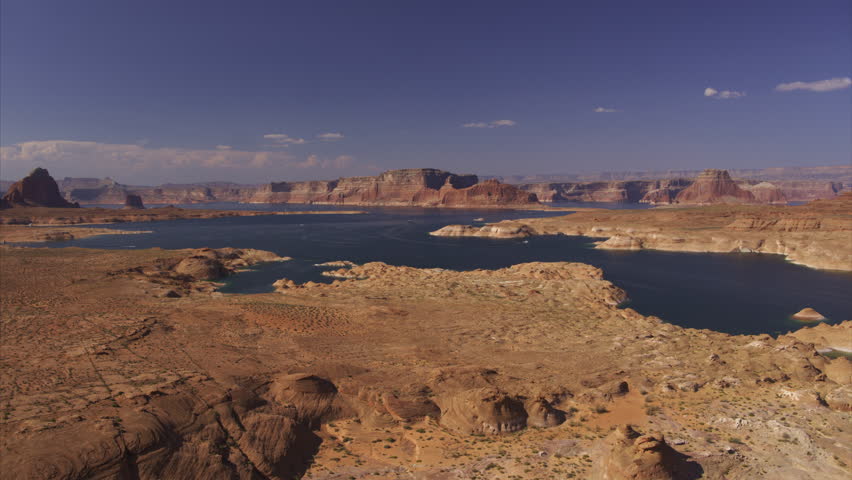 Aerial view of rock formations and lake / Lake Powell, Arizona, United States