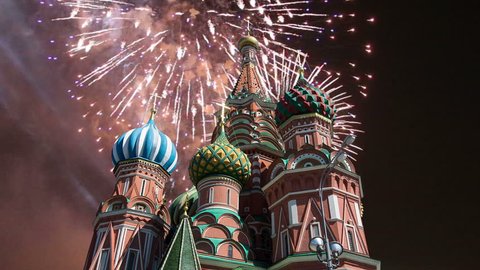 Cathedral of Intercession of Most Holy Theotokos on the Moat ( Temple of Basil the Blessed) and fireworks,  Red Square, Moscow, Russia 