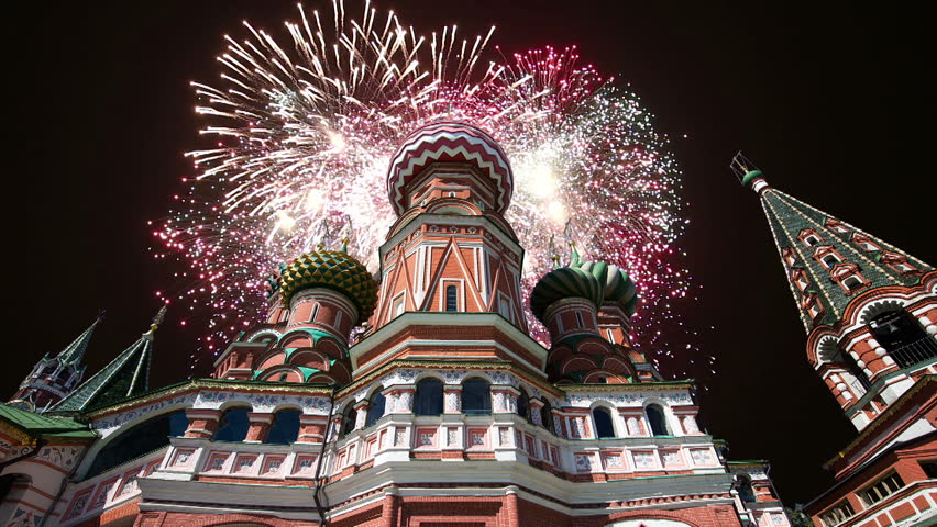 Cathedral of Intercession of Most Holy Theotokos on the Moat ( Temple of Basil the Blessed) and fireworks,  Red Square, Moscow, Russia 