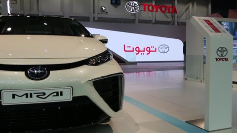 DUBAI, UAE - November 14: Zero-emission hydrogen-powered Fuel Cell Electric Toyota Mirai on display during Dubai Int'l Motor Show 2017 at Dubai Int'l Convention and Exhibition Centre in Dubai, United 