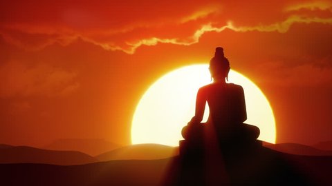 Enlightenment - Sun rises over silhouette of Buddha statue in desert