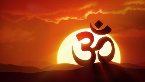 Enlightenment - Sun rising over silhouette of OM symbol in desert