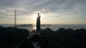 Aerial view of Long Chau Lighthouse on Long Chau island, Cat Ba, Hai Phong, Vietnam. This lighthouse is one of the three oldest lighthouses in Vietnam. Near ha Long bay
