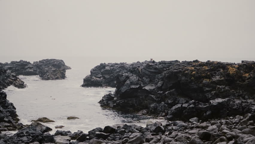 Young man walking through the rocks on the shore of the sea. Male in lopapeysa exploring the black beach alone.
