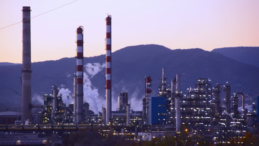 Factory Smoke stack. Petrochemical plant, Oil and gas refinery at twilight Royalty-Free Stock Footage #33419560