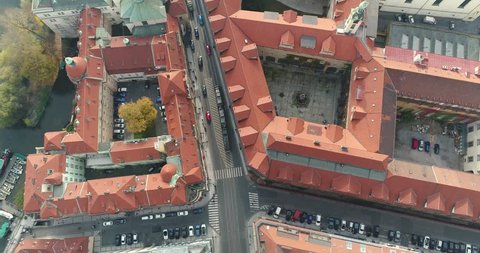 Panoramic view from above on the Prague Castle, aerial of the city, view from above on the cityscape of Prague, flight over the city, top view, Old Town, Prague, October, 2017