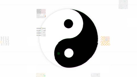 A yin yang symbol appearing with digital glitch and noise.
