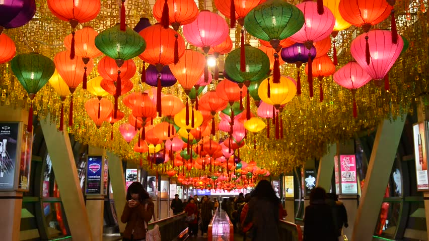 BEIJING - JAN 19: Colorful lanterns hang over corridor in Hangzhou Plaza for