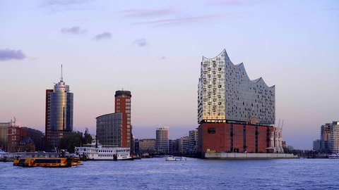 Hamburg Harbor Germany, view from the river Elbe to the Concert Hall Elbphilharmonie 17th November 2017 
