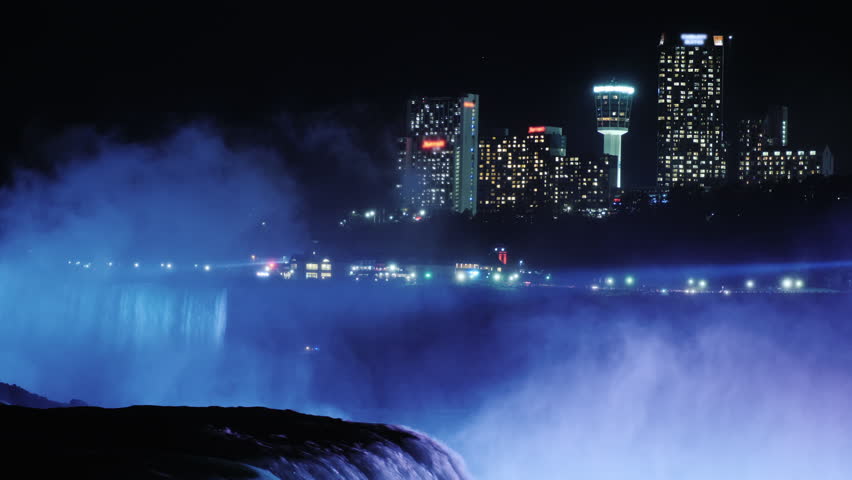 Niagara Falls and entertainment complexes and hotels on the Canadian side. Popular place among tourists