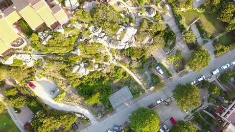 Aerial view of Capo Testa, houses with swimming pool. Maddalena archipelago. Sardinia