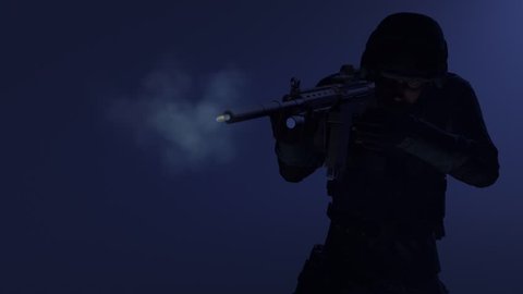 Animation of a swat officer firing and 3D camera following bullet leaving the rifle in super slow motion 