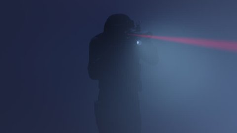 3D animation of a swat officer in action with the flashlight and laser sight on