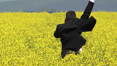 Businessman give a phone call and receive good news, lift up hands in blossom rape field, successful affair