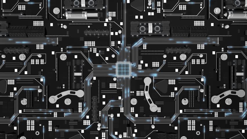 Seamless looping 3d animated futuristic motherboard and data tunnel with the animated text “Cloud” in 4K resolution