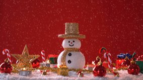 Snow man on snow for new year or christmas holiday international. , in happy time, snow falling rotation 360 degree around view in  loop able.