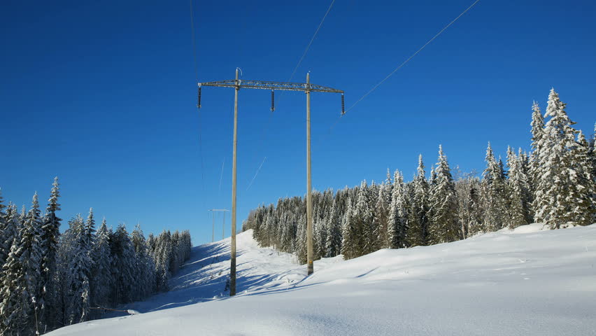 High voltage towers in forest