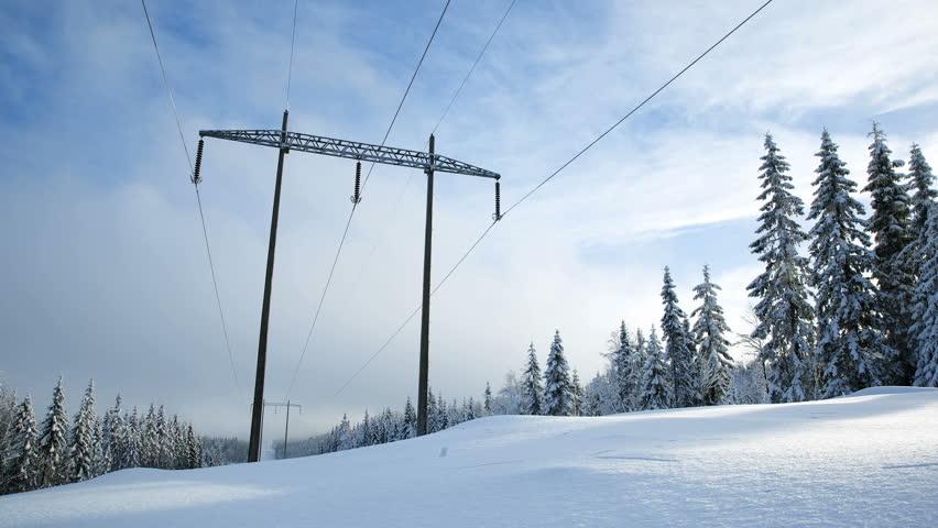 High voltage towers in forest