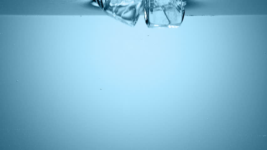 ice cubes splash in water on blue, slow motion 250fps fullHD video