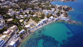Aerial bird's eye view video taken by drone of picturesque village of Agia Marina in beautiful Leros island, Dodecanese, Greece