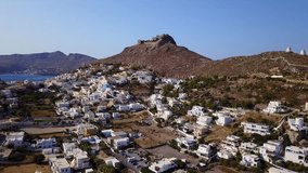 Aerial bird's eye view video taken by drone of beautiful fortified castle of Panteli, Dodecanese, Greece