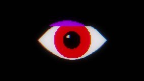 red pixel eye symbol on glitch lcd led screen display background animation seamless loop ... New quality universal close up vintage dynamic animated colorful joyful cool video footage