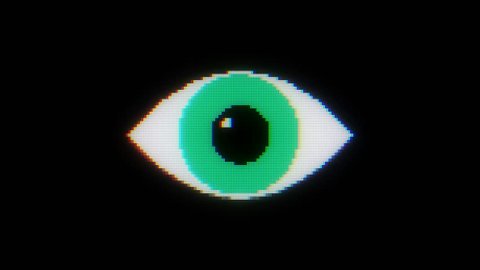 green pixel eye symbol on glitch lcd led screen display background animation seamless loop ... New quality universal close up vintage dynamic animated colorful joyful cool video footage