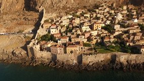 Aerial birds eye view video taken by drone of fortified medieval castle of Monemavasia, Lakonia, Peloponnese, Greece