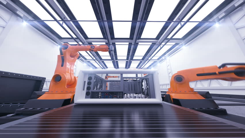 Beautiful Robotic Arms Assembling Computer Cases On Conveyor Belt. Futuristic Advanced Automated Process. 3d Animation. Business, Industrial and Technology Concept. Full HD 1920x1080. Royalty-Free Stock Footage #33491245