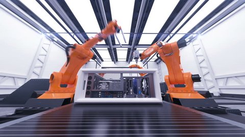 Beautiful Robotic Arms Assembling Computer Cases On Conveyor Belt. Futuristic Advanced Automated Process. 3d Animation. Business, Industrial and Technology Concept. Full HD 1920x1080.