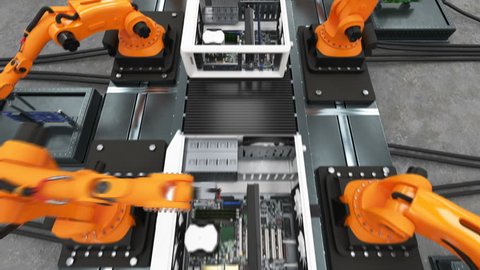 Band of Robotic Arms Assembling Computer Cases On Conveyor Belt. Modern Advanced Automated Process. 3d Animation. Business, Industrial and Technology Concept. Full HD 1920x1080.