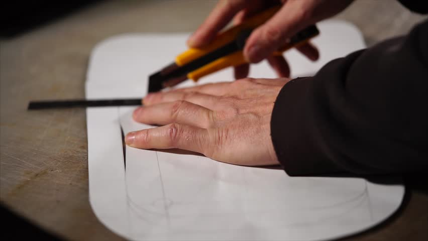Tailor is cutting a paperboard billet for sewing bags. His hands is holding white carton piece on a table and using stationery knife, close-up