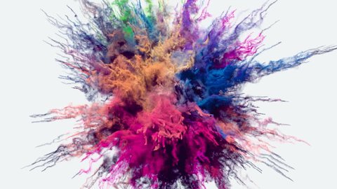 Animation of a colored explosion of a powder. 3D rendering.