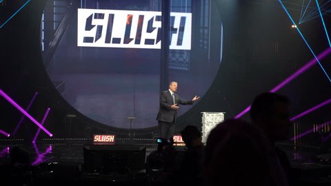 HELSINKI, FINLAND - NOVEMBER 30, 2017: Al Gore Vice-President of the United States, Nobel Peace Prize Laureate speaks at the opening ceremony of the startup and tech festival Slush 