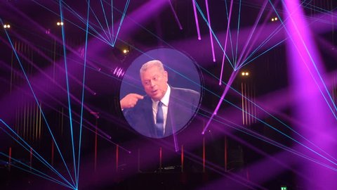 HELSINKI, FINLAND - NOVEMBER 30, 2017: Al Gore Vice-President of the United States, Nobel Peace Prize Laureate speaks at the opening ceremony of the startup and tech festival Slush in Messukeskus Expo
