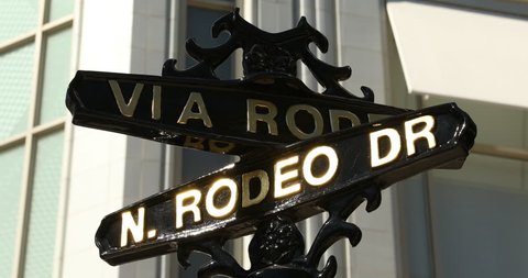 Rodeo Drive road marker in the Beverly Hills shopping district of Los Angeles California USA