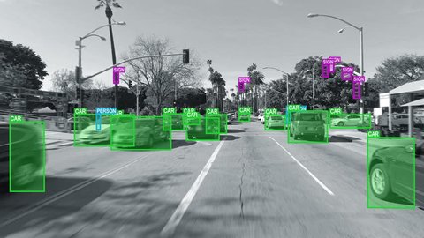 Autonomous or driverless car computer vision. Object detection system creates boxes to recognize objects in the streets. Artificial intelligence technology. Futuristic. More options in my portfolio.