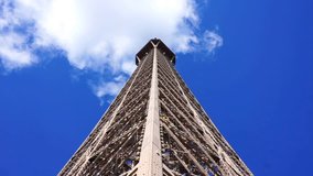 Detail video of iconic Eiffel Tower base with steel construction on a cloudy spring morning, Paris, France  