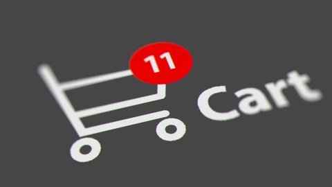 Animation of Adding Items to a Shopping Cart Icon on Computer Screen. Animated Counting Numbers.